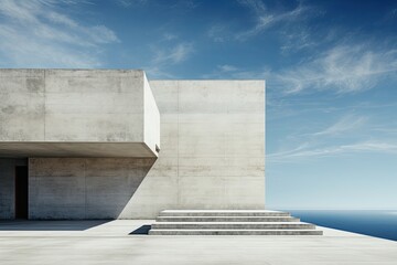 Poster - 3d rendering of a concrete stairway leading to the sea, modern architecture with empty concrete wall
