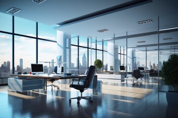 Poster - Modern office interior with panoramic city view. 3D Rendering, modern business office interior, 3d rendering, AI Generated