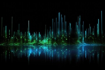 Wall Mural - Futuristic technology wave background design with lights and speed motion lines, Modern technology wallpaper and blue and green binary sound waves on Black background, AI Generated