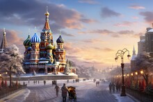 St. Basil's Cathedral On Red Square In Moscow, Russia, Moscow, Russia, Red Square, View Of St. Basil's Cathedral, Russian Winter, AI Generated