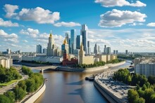 Panoramic View Of Moscow Kremlin And Moskva River, Russia, Moscow Skyline With The Historical Architecture Skyscraper And Moskva River And Arbat Street Bridge, Aerial View, AI Generated