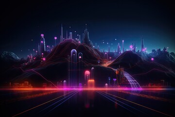 Poster - futuristic cityscape with neon lights, 3d rendering digital illustration, neon color roadmap, street