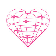 Wall Mural - Pink wireframe heart with stars in y2k style. Vector illustration