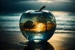 lovely double exposure image by blending together a stormy sea and a glass apple. The sea should serve as the underlying backdrop, with its details subtly incorporated into the glossy glass apple, sha