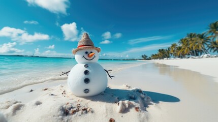 Wall Mural - Snowman in red Santa hat on tropical sandy beach