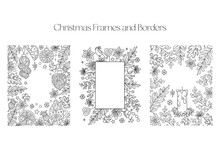 Christmas Frames And Borders Set. Coloring Page For Kids And Adults. Greeting Card Happy New Year 2024, Merry Christmas. Children Colouring Book Pictures. Black And White Ornate Frame Collection. 