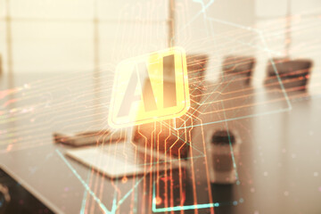 Aufkleber - Double exposure of creative artificial Intelligence icon with modern laptop on background. Neural networks and machine learning concept