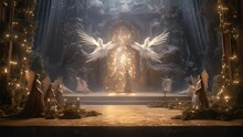 A stunning scenery of a holographic nativity scene, complete with majestic angels and a glowing star.
