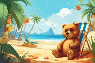 Wall Mural - cartoon illustration of a cute bear on the beach