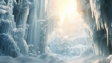 A Closeup Of A Frozen Waterfall, Its Icicles Glistening In The Sunlight And Dd With Delicate Strings Of White Lights, Resembling A Majestic Ice Palace.