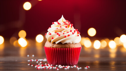 Wall Mural - Different delicious Christmas cupcakes on holiday background