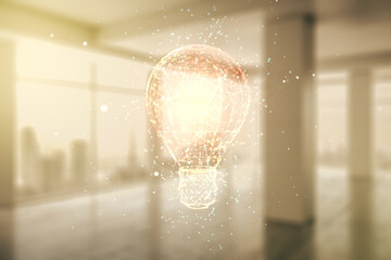 Poster - Double exposure of creative light bulb hologram on empty modern office background, research and development concept