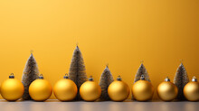Yellow Christmas Background. Decorative Border Of Fir Branches And Christmas Balls. Copy Space For Text
