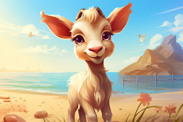 Wall Mural - cartoon illustration of a cute goat on the beach