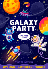 Poster - Galaxy party flyer. Cartoon kid astronaut, alien, starry night sky, rocket and space planets vector poster of birthday party event. Spaceman and martian characters, UFO and spaceship floating in space