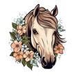 Majestic horse portrait, graceful equine beauty, elegant floral card design, beloved horse close up, vibrant horse with flowers arrangement, generative AI, JPG