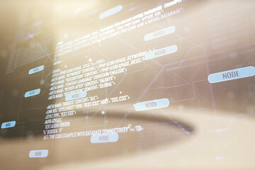 Poster - Multi exposure of abstract programming language hologram on abstract empty interior background, artificial intelligence and machine learning concept