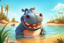 Cartoon Illustration Of A Cute Hippo On The Beach