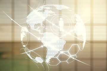 Poster - Virtual social network media hologram and world map on modern interior background. Double exposure