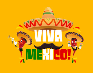 Wall Mural - Viva Mexico banner with chili pepper mariachi characters and Mexican sombrero, vector background. Mexican holiday or national day fiesta celebration poster with funny peppers with maracas and trumpet