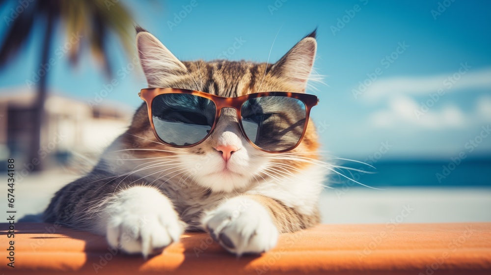 Cute cat wearing sunglasses on the beach Stock Photo | Adobe Stock