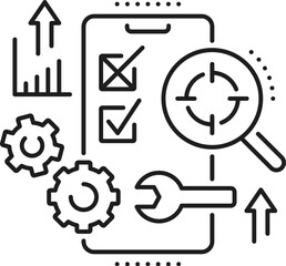 Testing, web app develop and optimization icon of software test and analysis, line vector. Mobile phone app or web application software test of UI usability UX analytics and process error or debugging