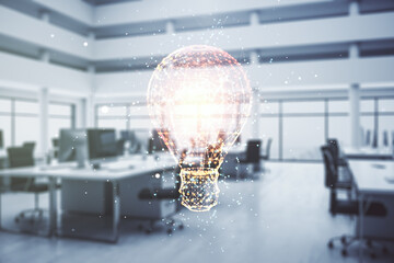 Poster - Virtual Idea concept with light bulb illustration on a modern furnished office background. Multiexposure
