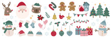 Merry Christmas And Happy New Year Concept Background Vector. Collection Drawing Of Cute Animal With Reindeer, Santa, Snowman, Christmas Bauble. Design Suitable For Banner, Invitation, Decoration.