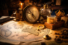 An Old Map On A Wooden Table With An Old Compass On It