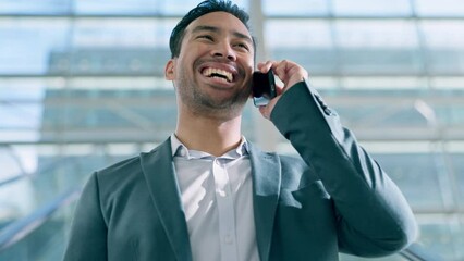 Poster - Phone call, funny and business man talking, chat and conversation in office. Smartphone, smile and happy professional in discussion, mobile communication and laugh with contact in company workplace