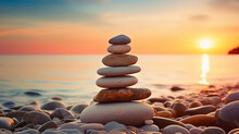Stack Of Zen Stones On The Beach, Sunset And Ocean In The Background