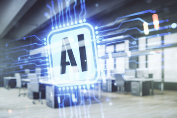 Poster - Creative artificial Intelligence symbol hologram on a modern furnished classroom background. Double exposure