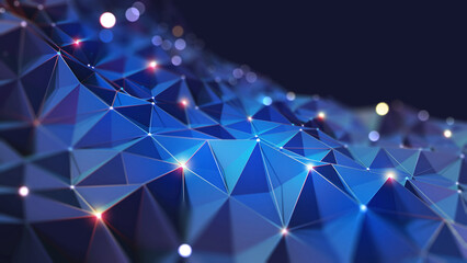 Aufkleber - Neural network and innovation in the field of high technology. 3D illustration of polygonal fields and electrical impulses of neon edges