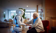 © annebel146 - Smart robot helping elderly at home or in retirement home. Elderly Care Robot In the Intelligent Hospital, Concept, Artificial Intelligence, Consultancy Services and Health Care with Future Robots.