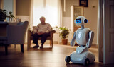 Fototapeta  - Smart robot helping elderly at home or in retirement home. Elderly Care Robot In the Intelligent Hospital, Concept, Artificial Intelligence, Consultancy Services and Health Care with Future Robots.