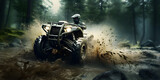 ATV in action splashing water motion blur at trail forest , extreme sports concept