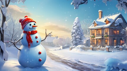 Wall Mural - Bright snowman, Christmas morning, the background is a house