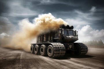 Smoke dust vehicle handcrafted. Sun vehicle road truck drive. Generate ai