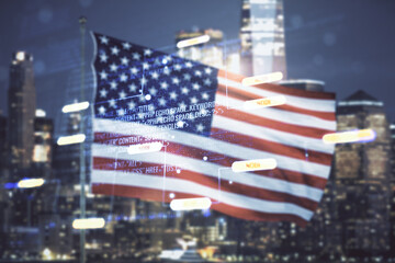 Poster - Multi exposure of abstract graphic coding sketch on US flag and skyline background, big data and networking concept