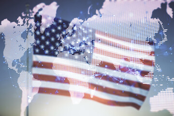 Poster - Abstract creative world map interface on USA flag and sunset sky background, international trading concept. Multiexposure
