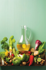 Wall Mural - Vegetables in the wooden tray with a jug of vegetable oil on a green background.