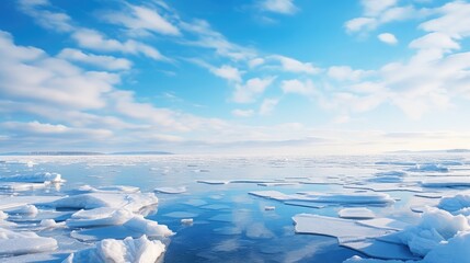 Wall Mural - blue winter heaven sea landscape illustration frozen nature, ice cold, sun clouds blue winter heaven