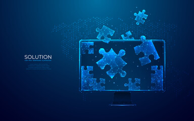 Abstract desktop and jigsaw puzzle on screen. Business solution concept on dark background. Monochrome light blue hologram style. Low poly wireframe vector illustration with connected glowing dots.