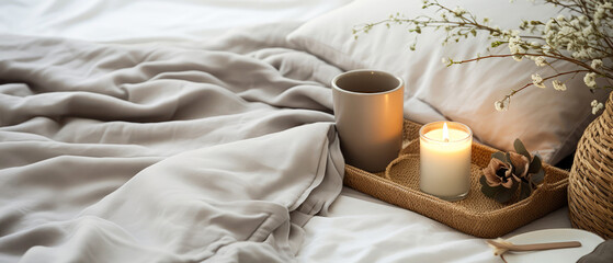 Cozy romantic composition with tray of breakfast on bed linen sheet. still life. Cup of coffee, with foods. warm candle light. Morning relax,ambience. Hotels bedroom. Generative ai.