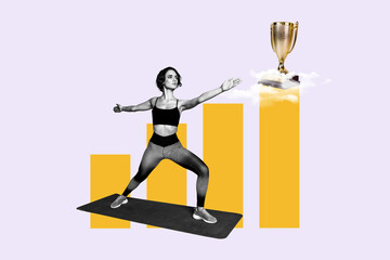 Sticker - Creative collage picture of black white colors focused girl training stretching fitness mat champion trophy award clouds