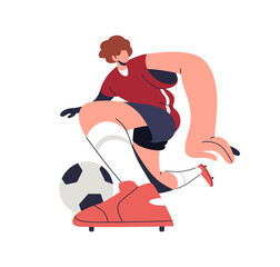 Poster - Soccer player. Man athlete playing football, hitting ball with foot. Field sport game. Professional sportsman in uniform in action, movement pose. Flat vector illustration isolated on white background