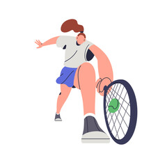 Wall Mural - Tennis player hitting ball with racket in hand. Girl athlete playing court game. Sports woman, professional sportswoman during tenis match. Flat vector illustration isolated on white background