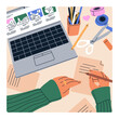 Studying online at laptop computer, hands taking notes at desk. Student learning in internet. Digital education, training at distance, webinar, remote class concept. Flat vector illustration