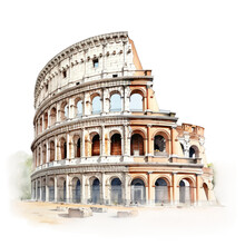 Watercolor Colosseum, Single, Transparent Or White Background PNG. AI Generated Illustration