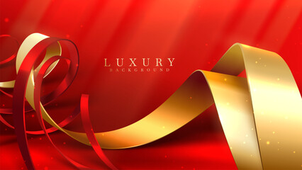 Wall Mural - red luxury background with gold ribbon elements and spotlight effect with glitter light decorations 